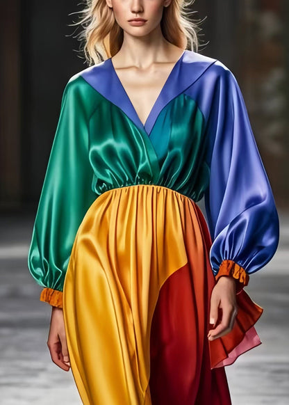 Colorblock V Neck Patchwork Silk Long Dress Spring
