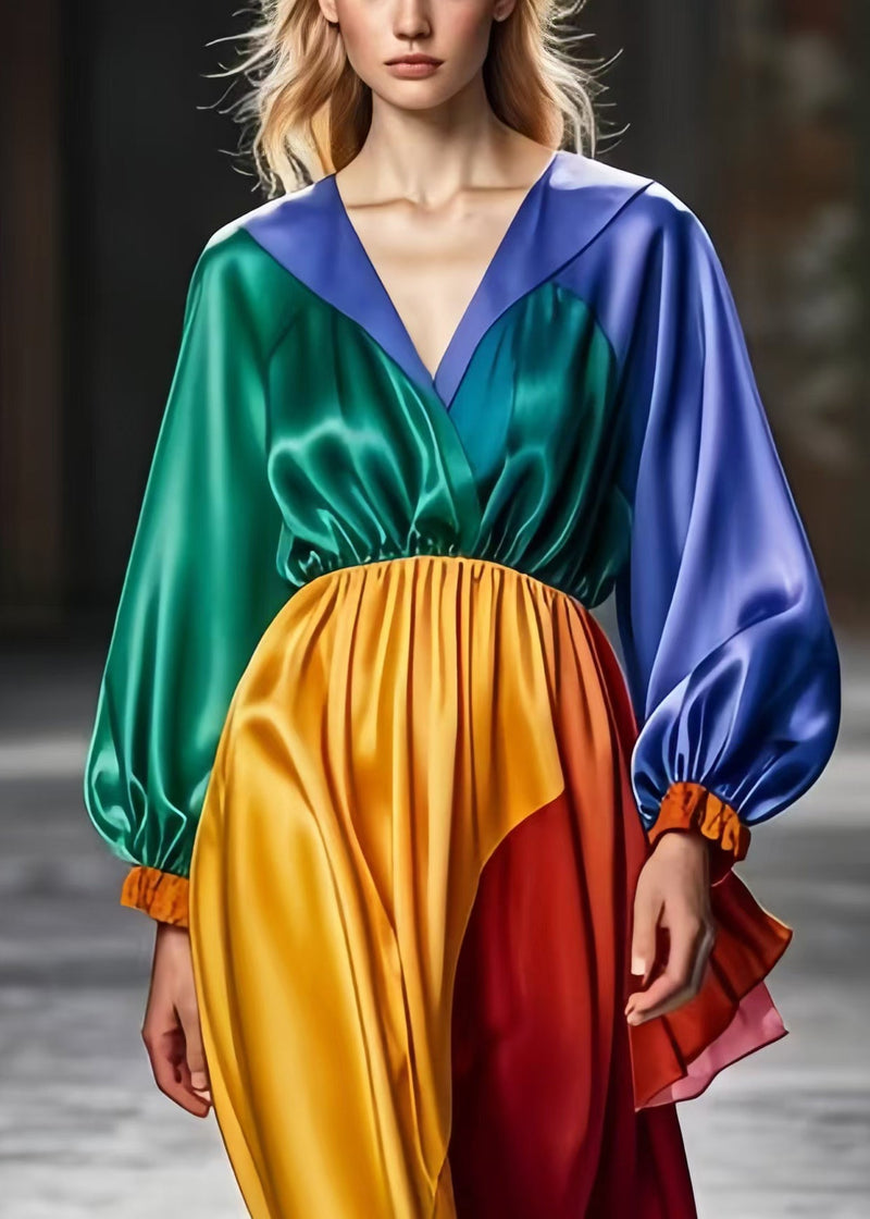 Colorblock V Neck Patchwork Silk Long Dress Spring