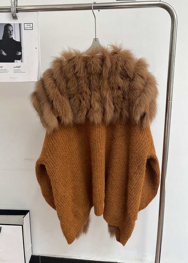 Brown Fox Collar Pockets Patchwork Knit Coats Fall