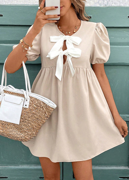 French Apricot Puff Sleeve Bow Cotton Mid Dresses Summer