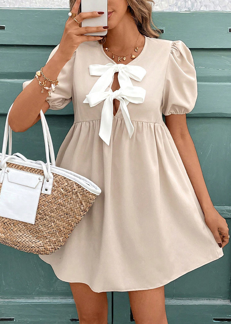 French Apricot Puff Sleeve Bow Cotton Mid Dresses Summer