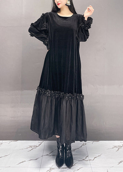 Boutique Red O-neck Embroidered Silk Velvet Long Dresses Fall