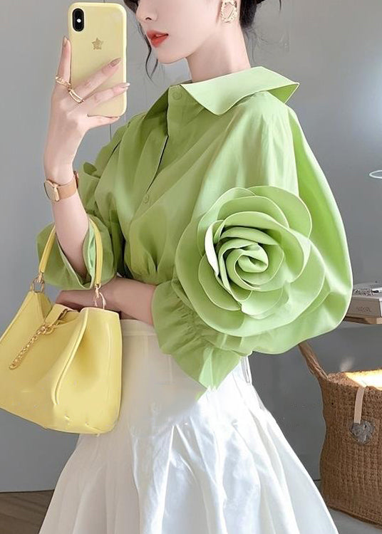 Green Peter Pan Collar Button Cotton Blouses Half Sleeve