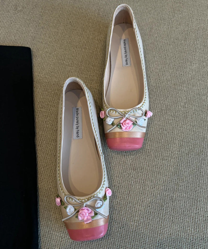Pink Embroidered Splicing French Flat Shoes for
