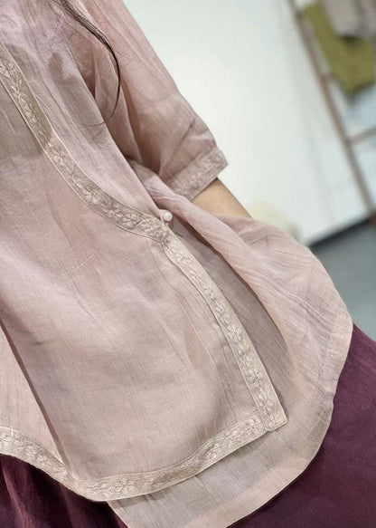 Pink Embroidered Linen Blouses Summer