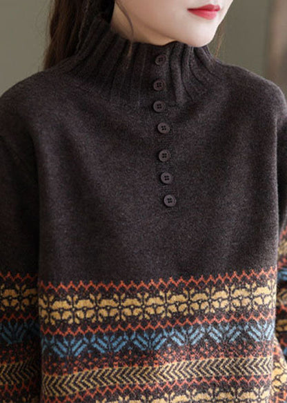 Chocolate Turtle Neck Print Knit Short Sweater Spring