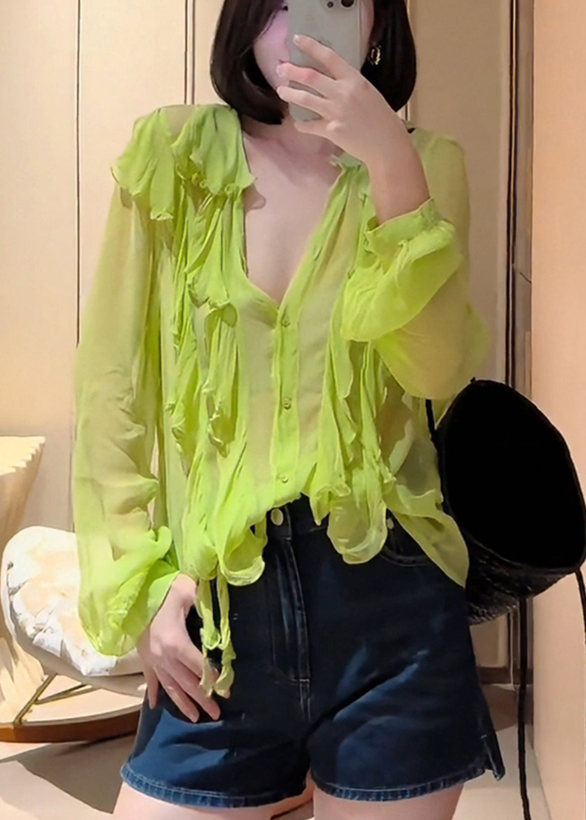 Modern Fluorescent Green Ruffled Chiffon Upf 50+ Top Fall
