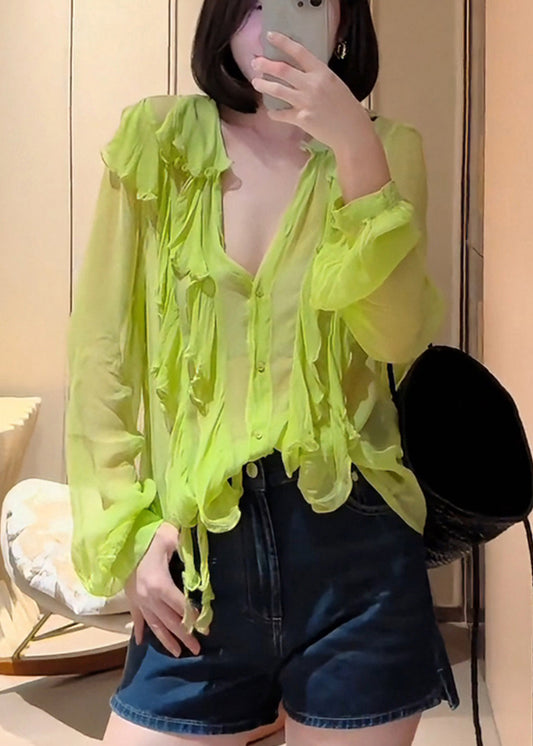 Modern Fluorescent Green Ruffled Chiffon Upf 50+ Top Fall