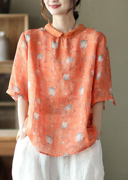 Diy Orange Print3 Ramie Half Sleeve Shirt Summer