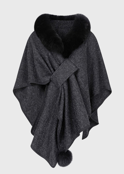 Dark Grey Fur Collar Coats Batwing Sleeve