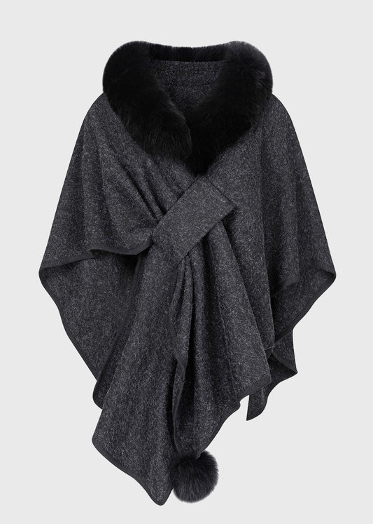 Dark Grey Fur Collar Coats Batwing Sleeve