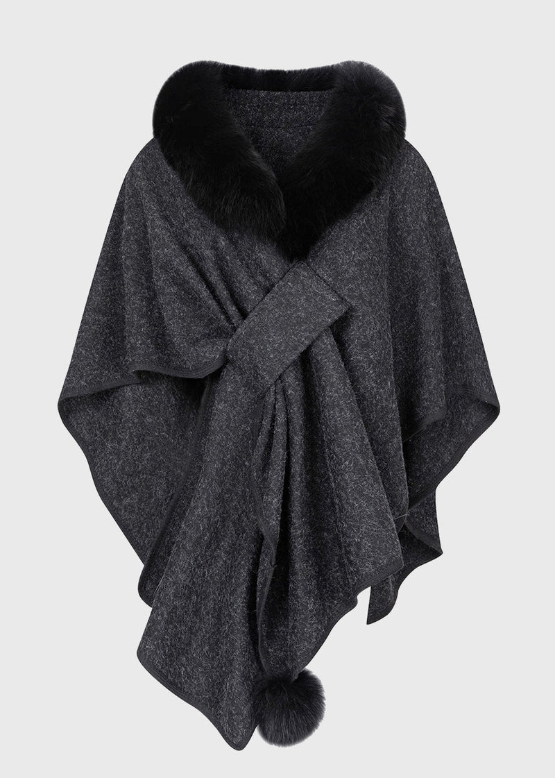 Dark Grey Fur Collar Coats Batwing Sleeve