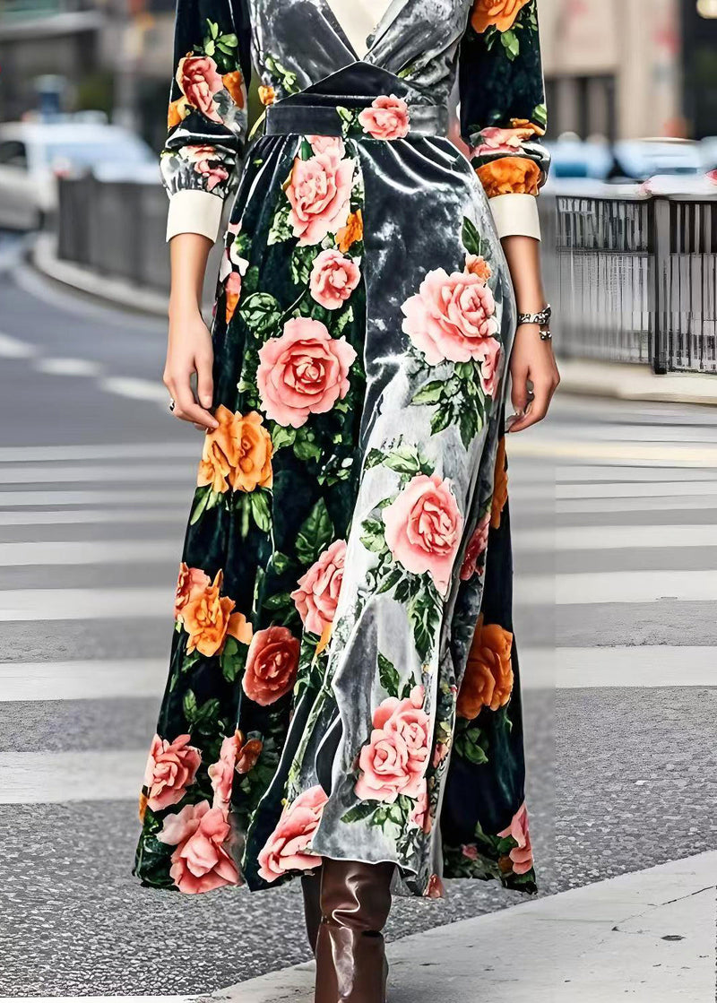 Silm Fit V Neck Patchwork Silk Velvet Robe Dresses Spring