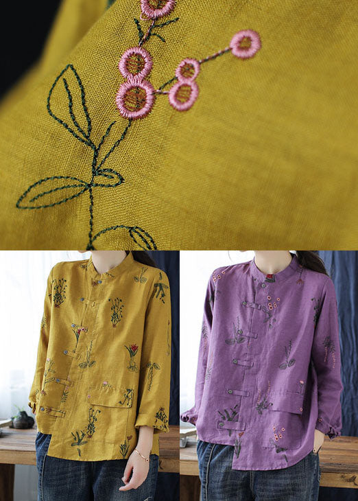 Yellow Asymmetrical Design Button Linen Blouses Top Long Sleeve