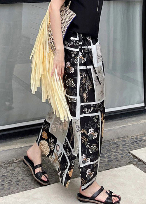 Black Print Side Open High Waist Skirt Summer