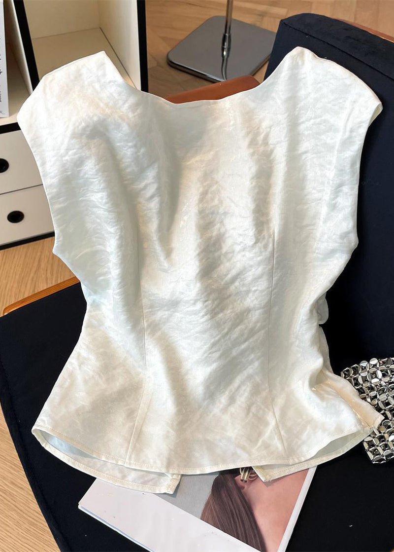Beige Square Collar Front Open Silk Shirt Summer