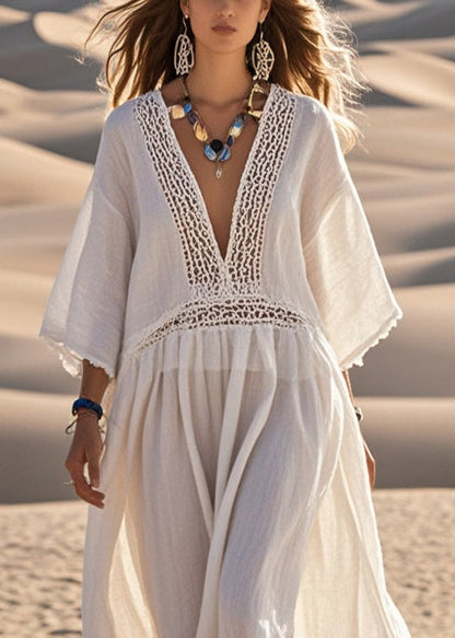 White Oversized Patchwork Hollow Out Cotton Dress Bracelet Sleeve