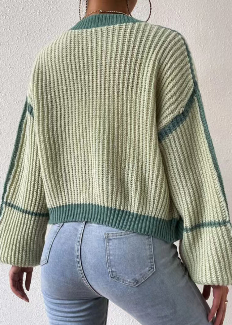 Green Striped Knit Short Cardigan Fall