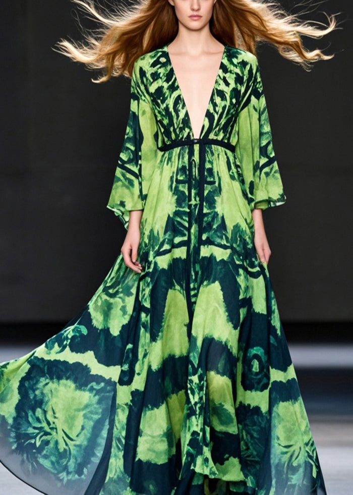 Green Print Chiffon Ankle Dress Deep-v Neck Exra Large Hem Fall