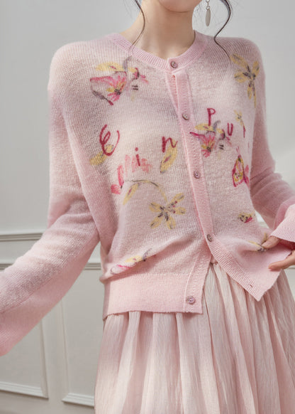 Pink O-neck Print Button Knit Cardigans Spring
