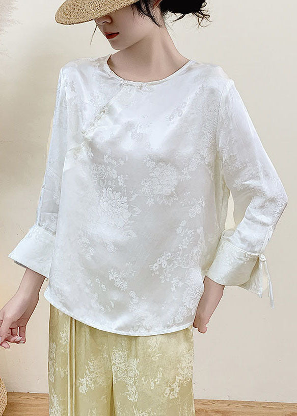 Fine White Jacquard Chinese Button Silk Shirt Top Spring