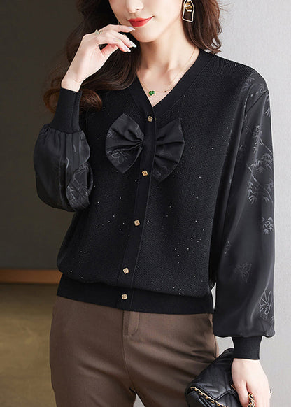 Black V Neck Bow Silk Patchwork Knit Shirt Top Spring