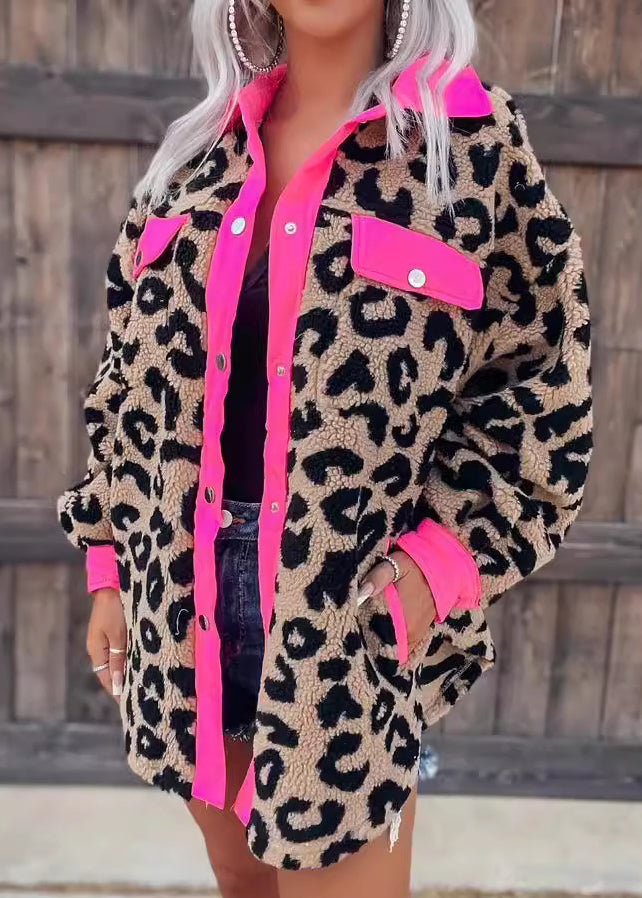 Style Rose Leopard Peter Pan Collar Pockets Faux Fur Coat Fall
