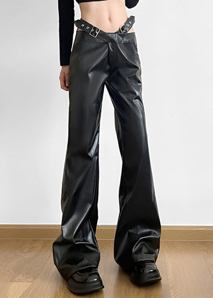 Handmade Black Patchwork Faux Leather Pants Spring