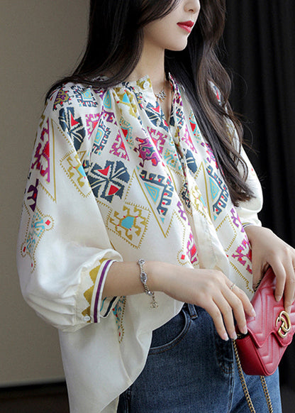 White O Neck Print Chiffon Shirt Spring