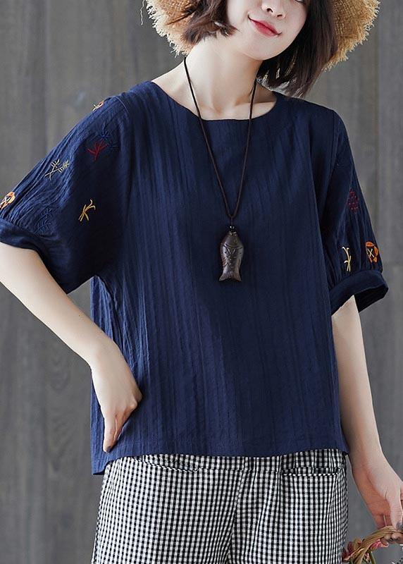 Navy Embroidered Cotton Linen T Shirts Summer
