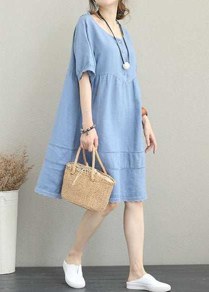 Stylish Light Blue Linen Shift Dress Oversize Shirt Dress Patchwork Lace Hollow Out Linen Cotton Dress