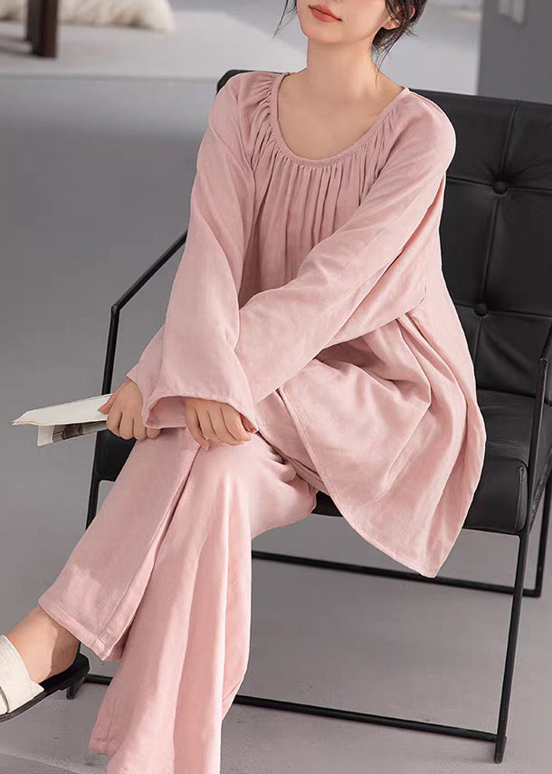 Loose Pink Wrinkled Cotton Pajamas Two-piece Set Fall