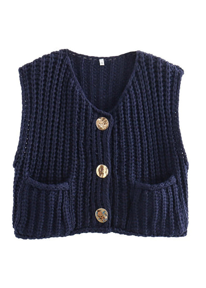 Blue Pockets Button Knit Vest Sleeveless