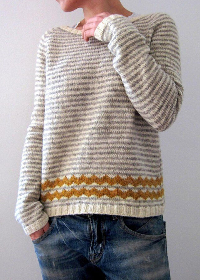 Grey Striped O Neck Cozy Knit Sweaters Fall