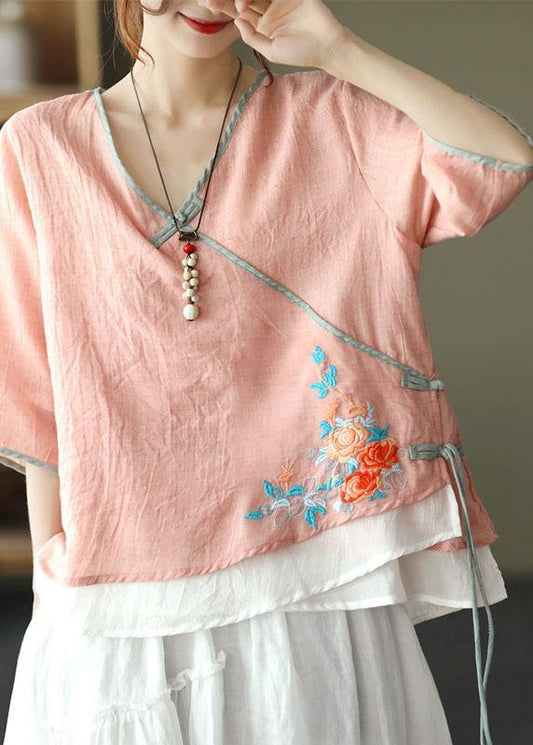 Pink V Neck Embroidered Summer Ramie Half Sleeve Tops