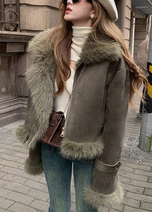 Blackish Green Fur Collar Patchwork Faux Suede Parkas Winter