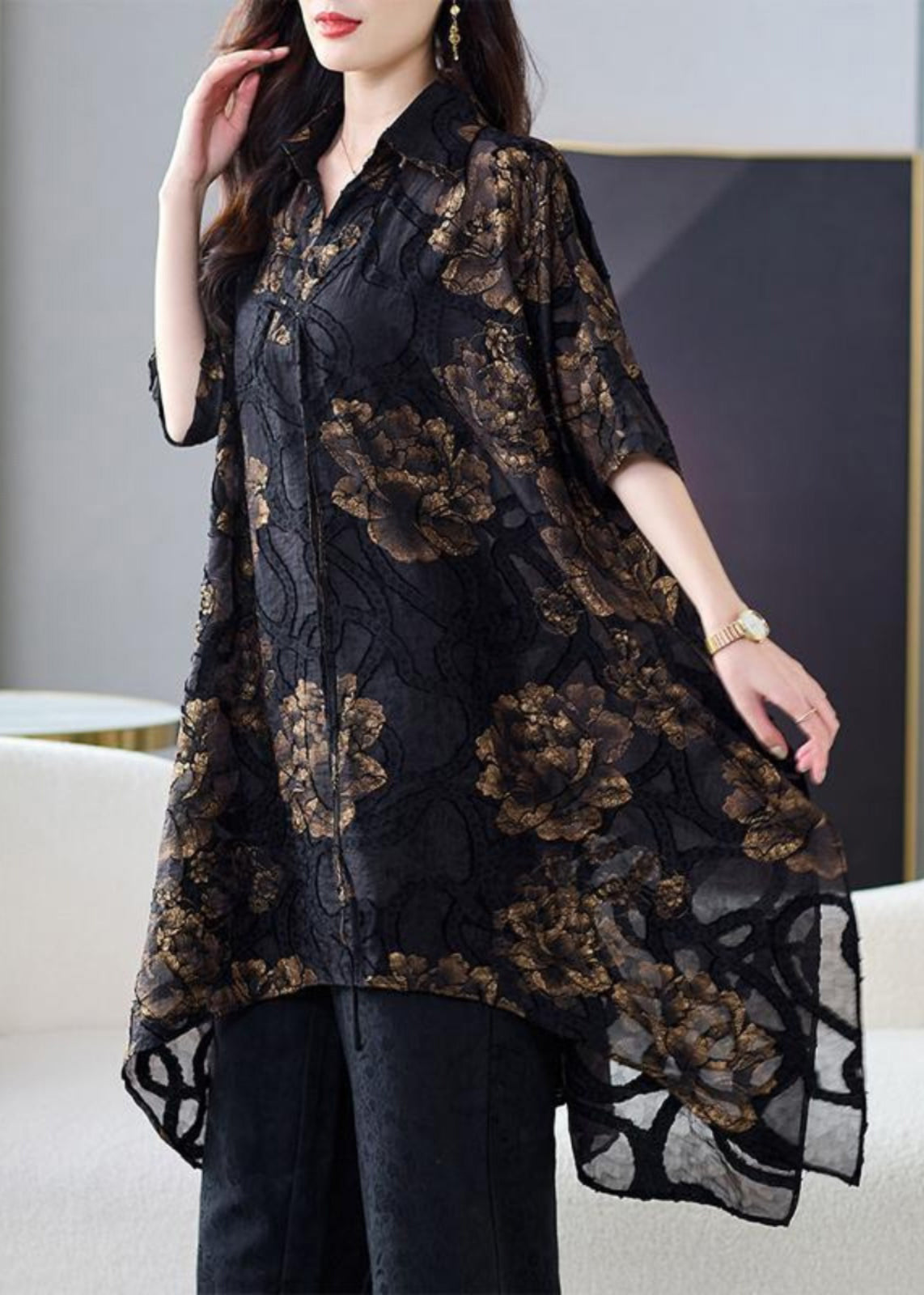 Black Asymmetrical Silk Blouse Tops Summer
