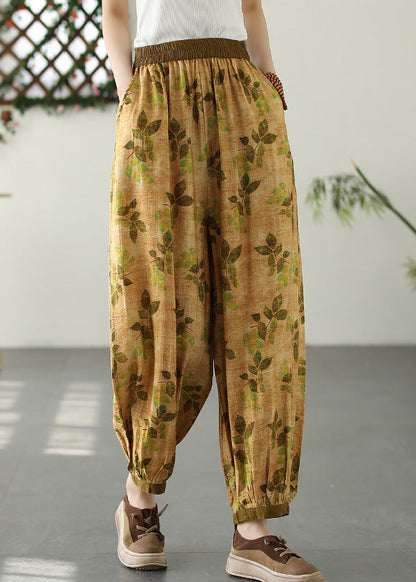 Yellow Wrinkled Elastic Waist Crop Lantern Pants