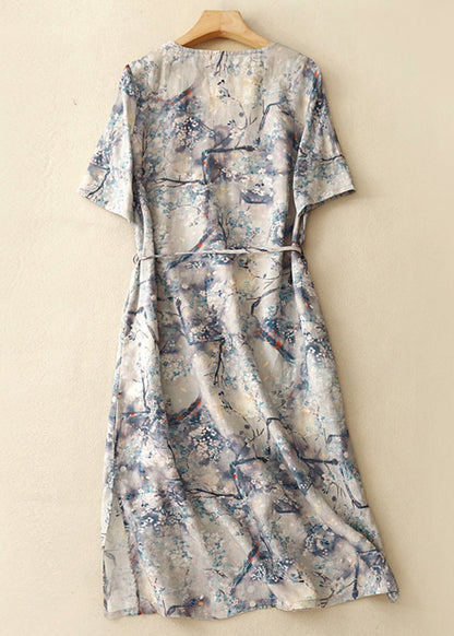 Blue V Neck Print Tie Waist Cotton Dresses Summer