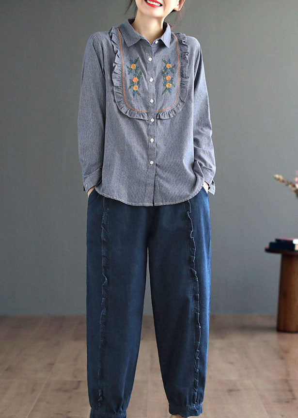 Unique Blue Ruffled Patchwork Embroidered Cotton Shirt Top Spring