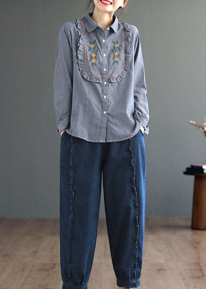 Unique Blue Ruffled Patchwork Embroidered Cotton Shirt Top Spring