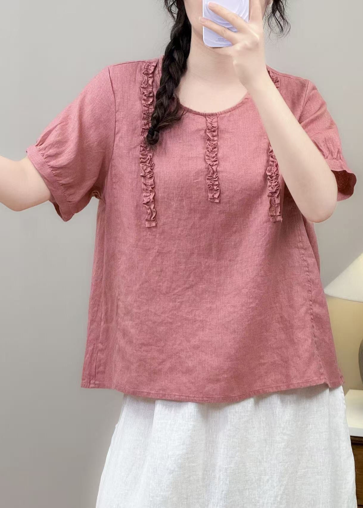 Pink Ruffled Cotton Shirt Top Summer
