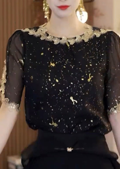 Handmade Black O-neck Lace Patchwork Chiffon Shirt Summer