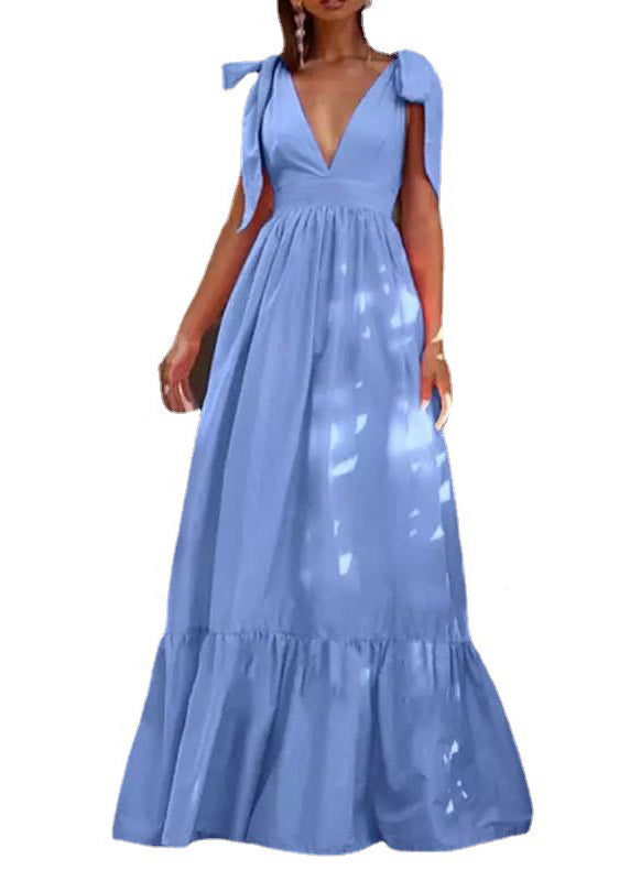New Yellow V Neck Lace Up Patchwork Cotton Maxi Dress Summer