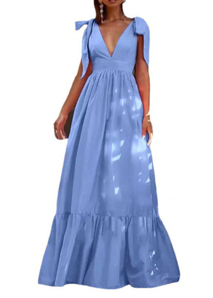 New Yellow V Neck Lace Up Patchwork Cotton Maxi Dress Summer