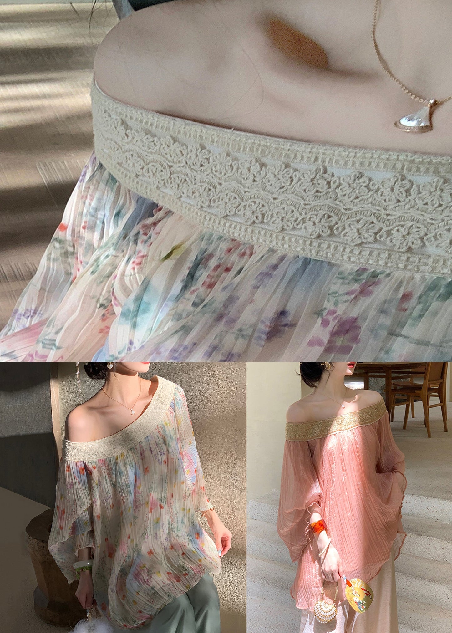 Beige Embroidered Print Wrinkled Chiffon Shirt Fall