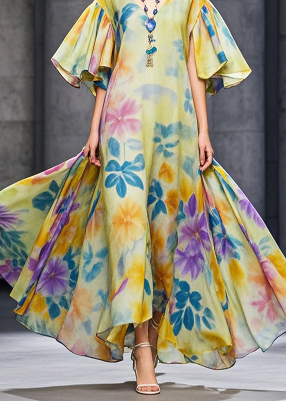 Yellow Flower Print Chiffon Long Dresses Flare Sleeve
