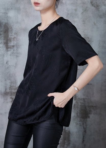 Black Jacquard Chinese Button Silk Tops Summer