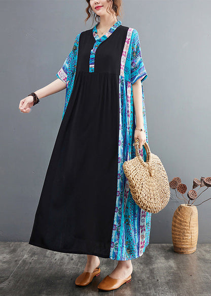 Blue Ruffled Print Patchwork Cotton Exra Large Hem Dress Summer