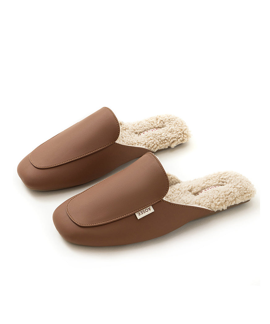 Brick Red Faux Leather Slippers Shoes Fuzzy Wool Lined